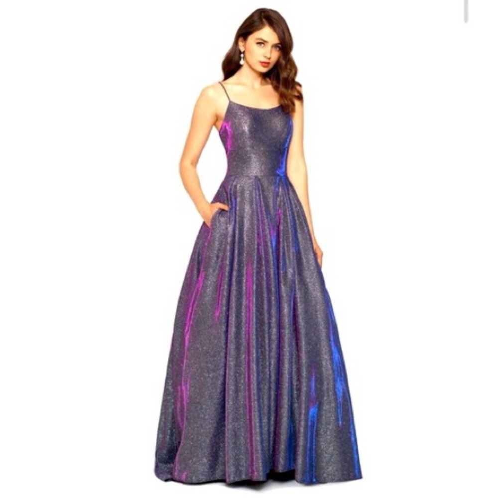 Betsy & Adam High Low Galaxy Purple and Blue Maxi Gown for Prom or Event